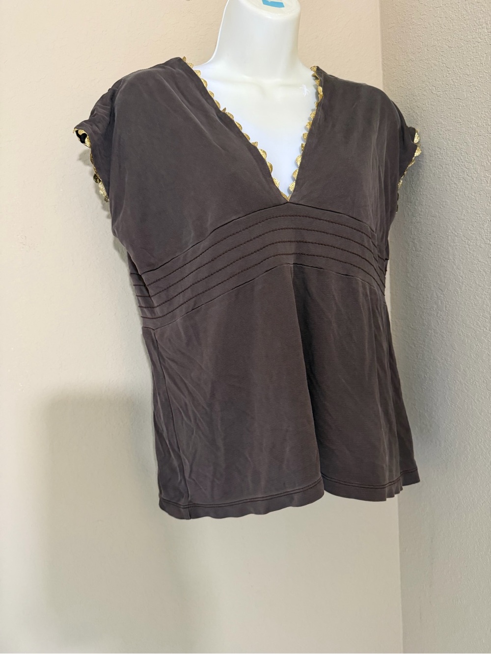 V-Neck Short Sleeve silk Women's Top in Dark Brown with Golden Trim